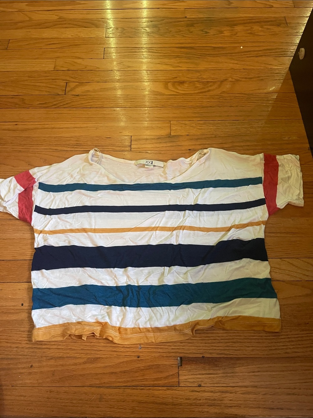 Forever 21 White Striped Tee with Navy, Teal, Mustard & Red Accents